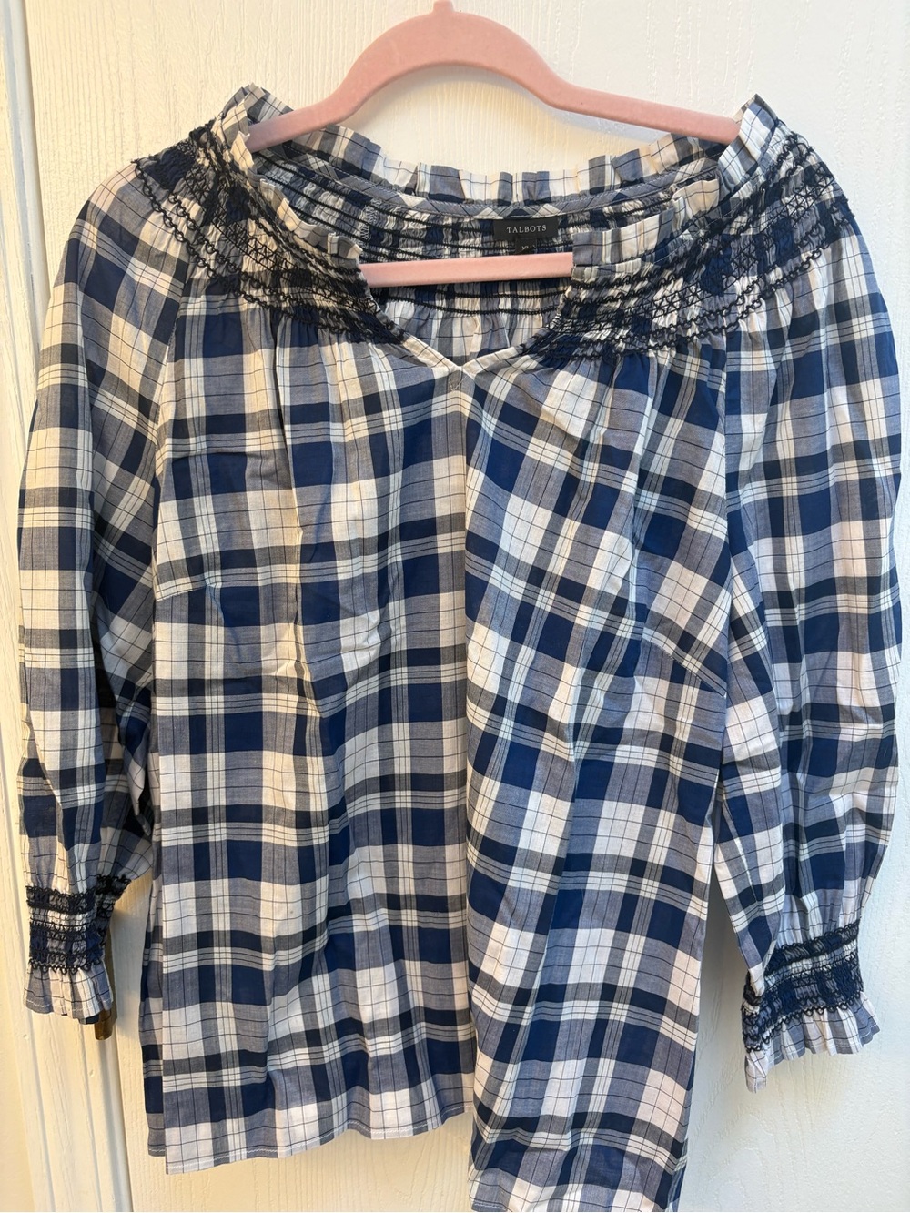 Talbots Navy and White Plaid Smocked Top